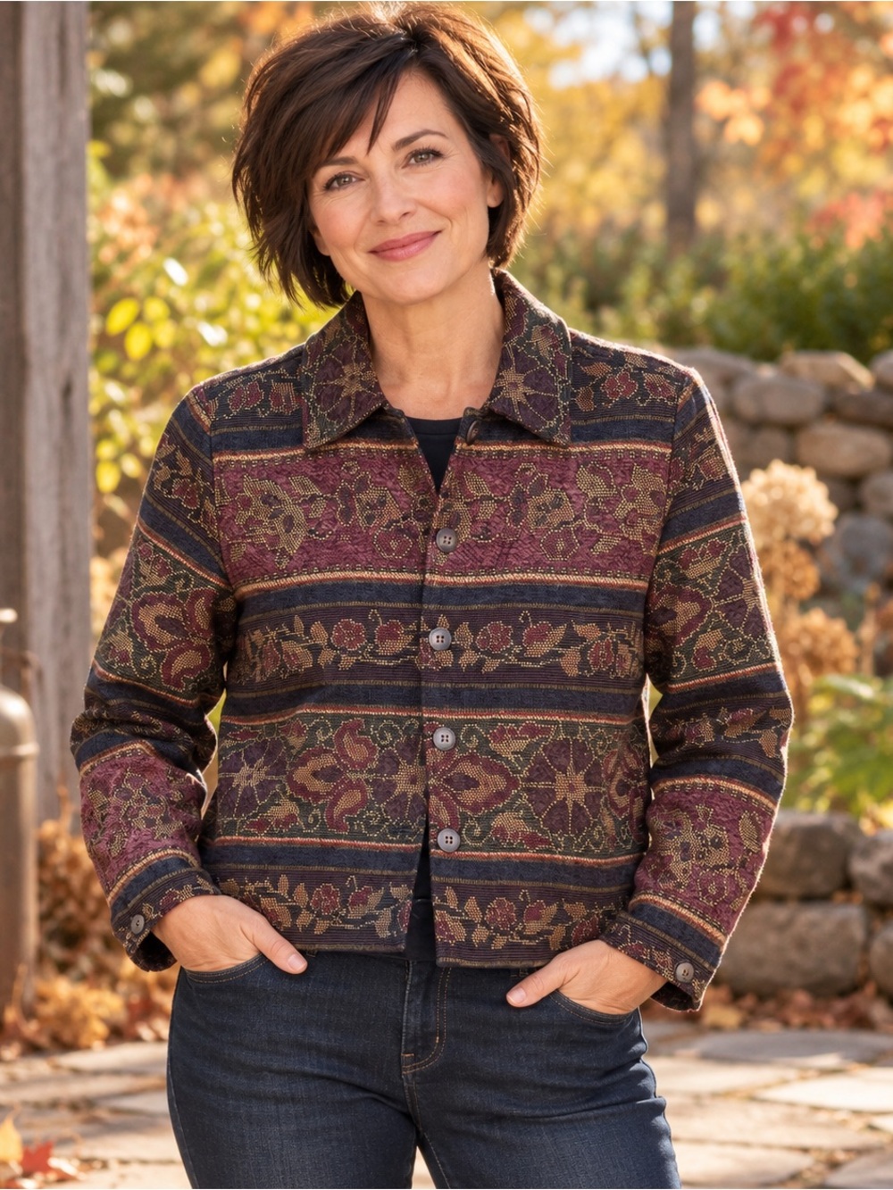Coldwater Creek Petite Small Tapestry Jacket Floral Paisley Button Front Boho